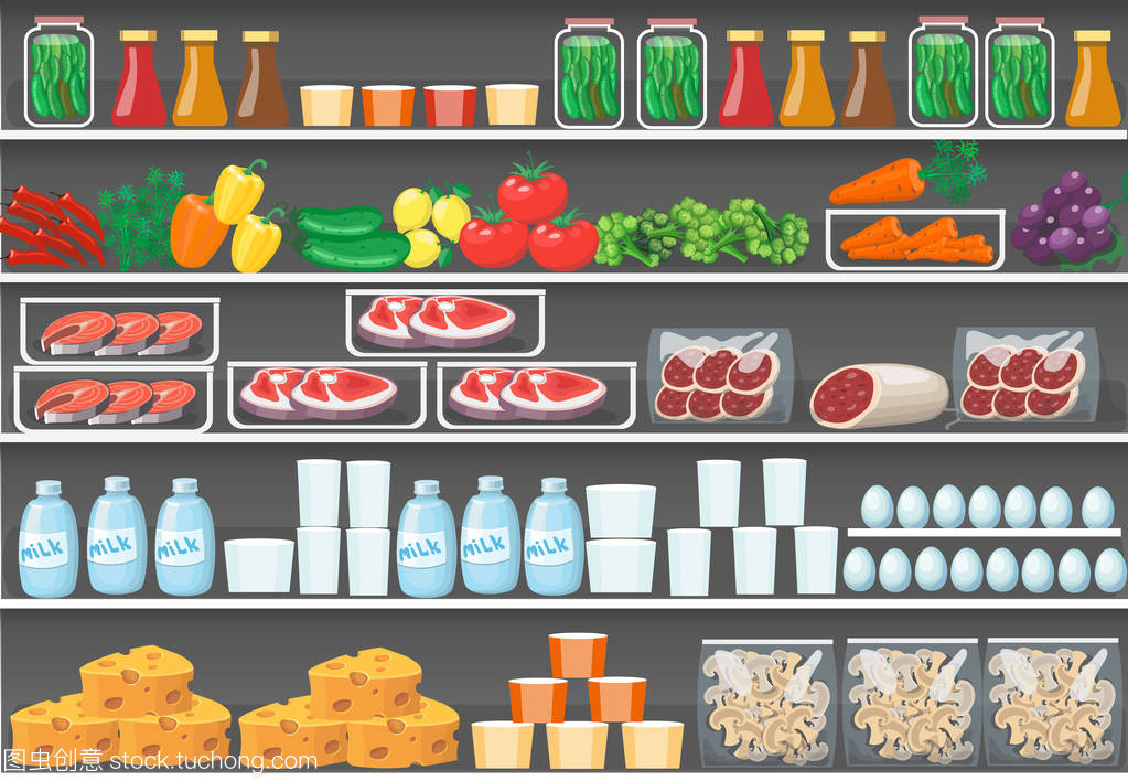 貨架上的產品。矢量食品超市
